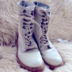 Free People Ivory Leather Lace Up Mid Calf Boots Moto Combat
